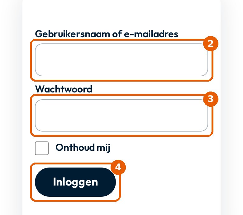 Het inlogscherm met de velden gebruikersnaam of e-mailadres, wachtwoord en de knop Inloggen